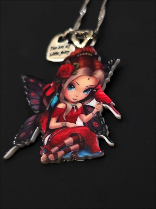 Hand Crafted ✦ Fairy Girl Acrylic Pendant Necklace ✦ Red Rose Silver Chain NWT - Picture 6 of 7